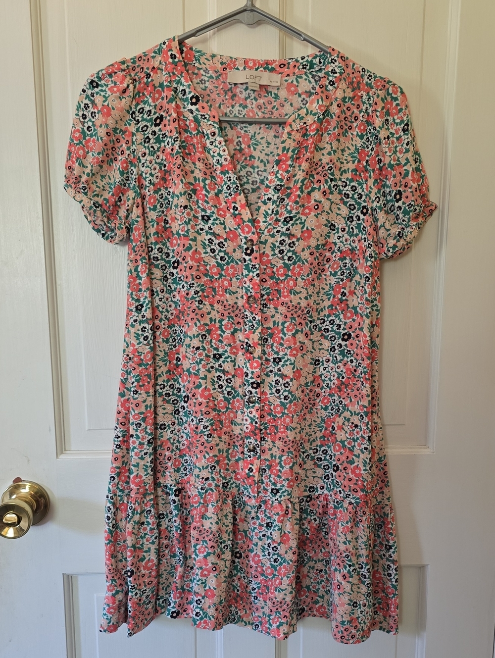 LOFT Coral Floral Button-Front Short Tiered Dress Size XXS Petite